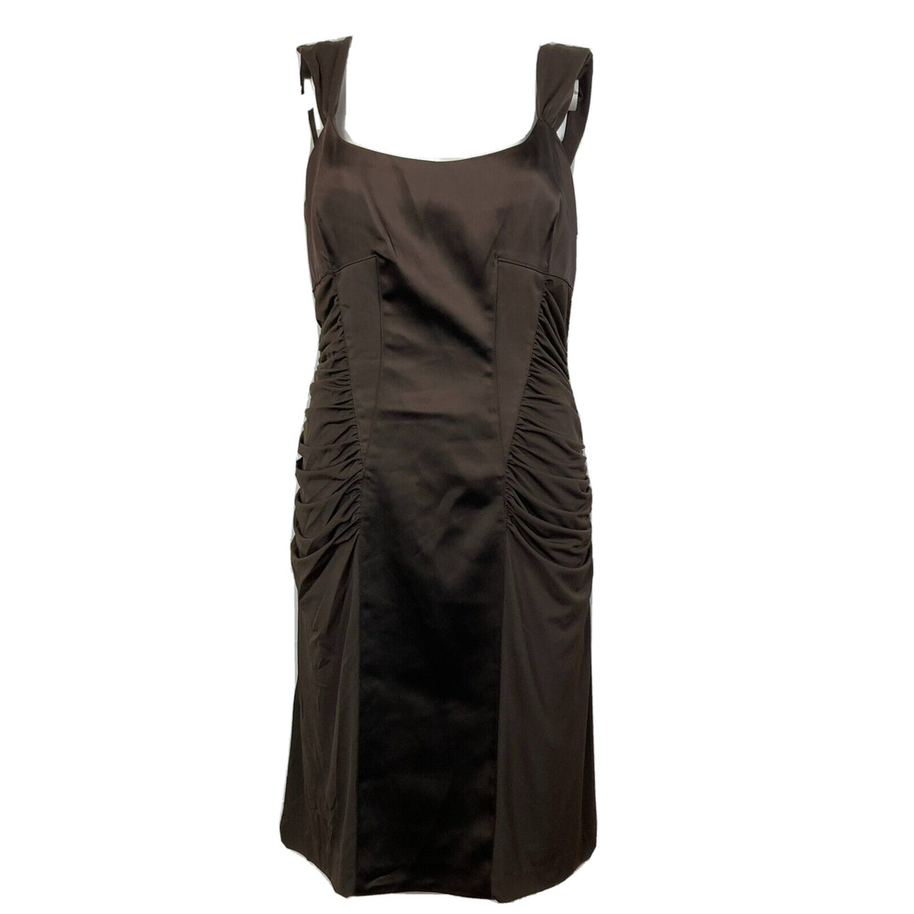 NWT Suzy Chin Maggy Boutique Dress Womens Sz 10 Dark Brown Satin Cocktail Ruched